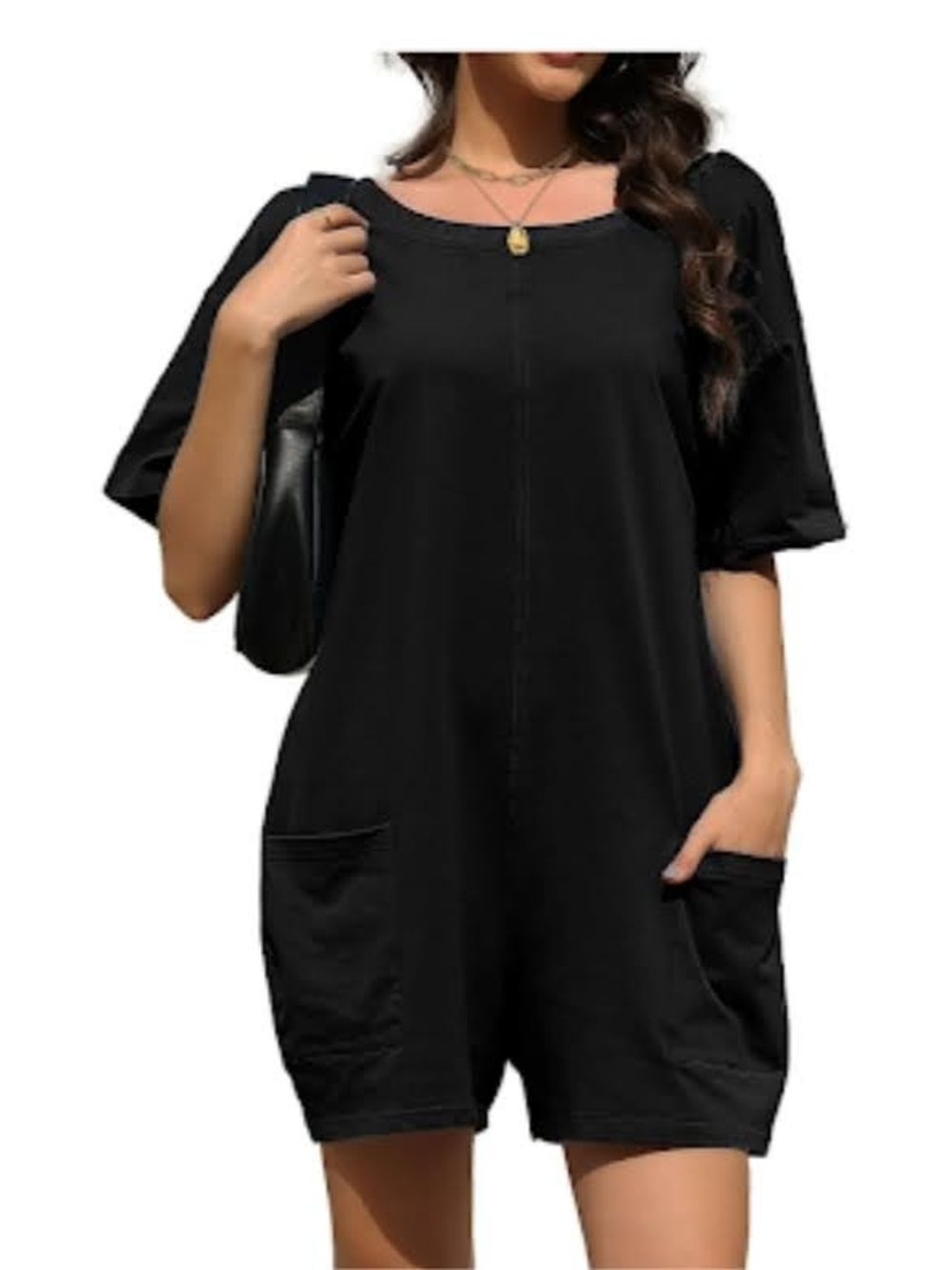 Casual Black Short-Sleeve Romper with Pockets